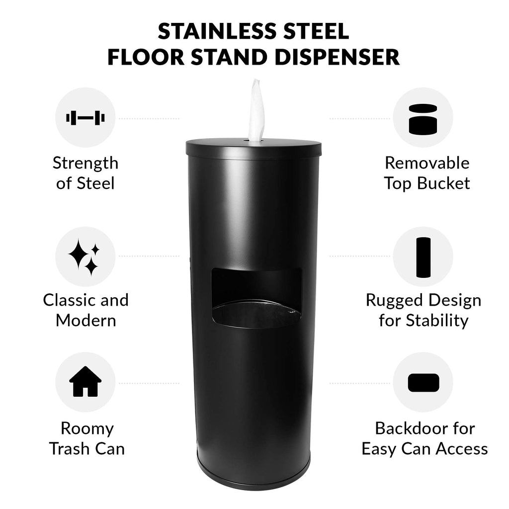 Monkey Movement Black Stainless Steel Floor Stand Wipe Dispenser with Built-in Trash Can - Fits Wipes on Rolls - Perfect for Fitness Clubs, Schools/Daycares, Commercial and Residential Facilities