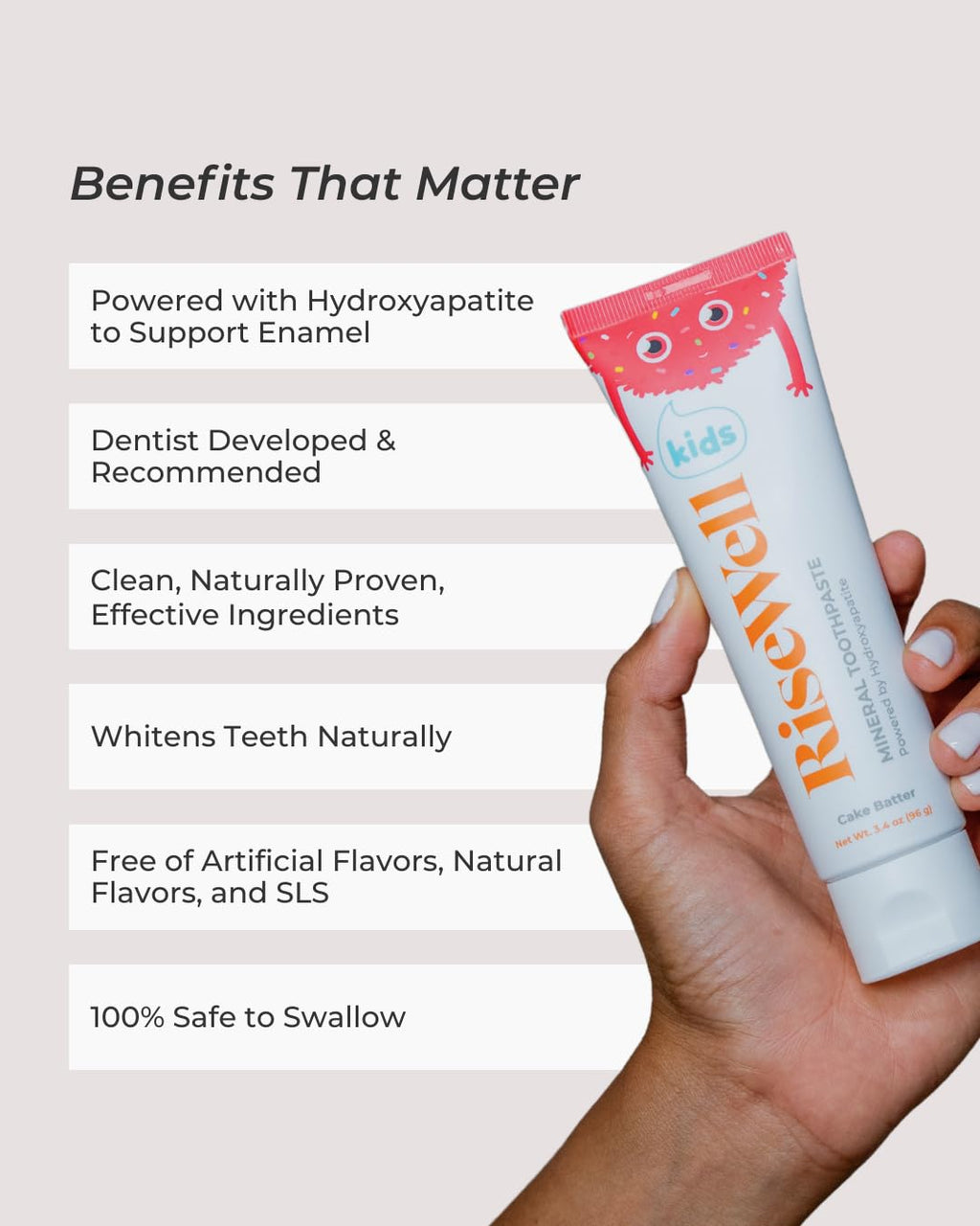 RiseWell Mineral Toothpaste for Kids - Hydroxyapatite Toothpaste with Xylitol for Teeth Protection - Made by Dentists, Safe to Swallow, Gentle and All Natural - Cake Batter Flavor, 3.4 Oz