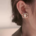 IvoryHaid Golden Pearl Stud Earrings for Women, Cubic Zirconia Paved Designer Style Earrings with faux Pearl, Elegant Luxury Fashion Jewelry idea for Women