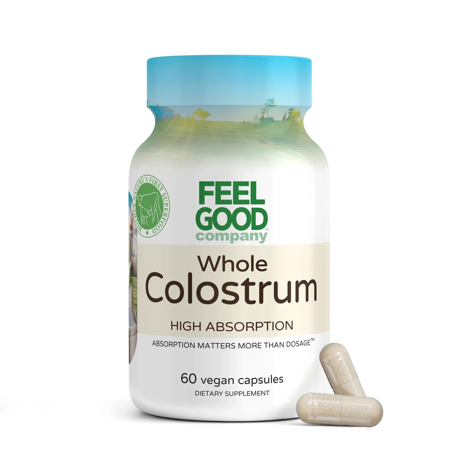 FeelGood Superfoods Bovine Colostrum Capsules - Gut Health & Immune Support - 2000mg (2g) Daily Serving - Ethically Sourced Within First 24 Hours - Nature’s Potent Superfood - 60 Capsules