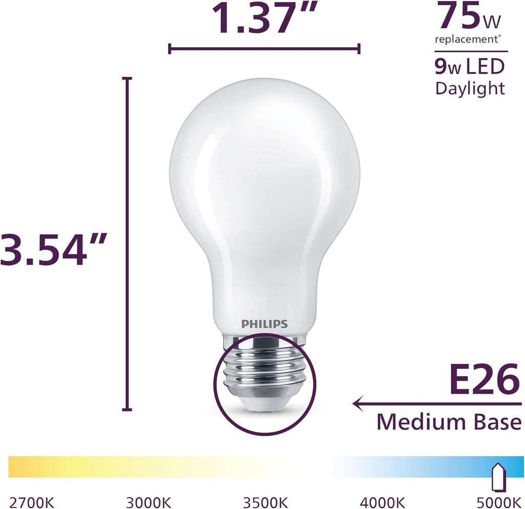 Philips LED 100W A19 4-Pack Ultra Definition Daylight (5000K) 1500 Lumen (11.5W = 100W) Dimmable Frosted Flicker-Free Light Bulbs