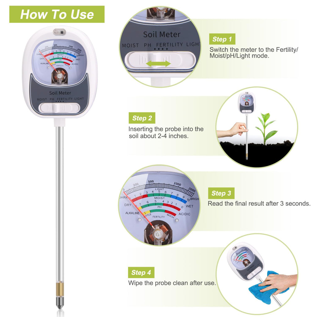 HSLGOVE 4-in-1 Soil Test Kit – Soil Moisture Meter, pH, Fertility & Sun-Light, No Battery Required, Large Dial Soil Tester for Indoor & Outdoor Gardening, Lawn, Farm –Paper White