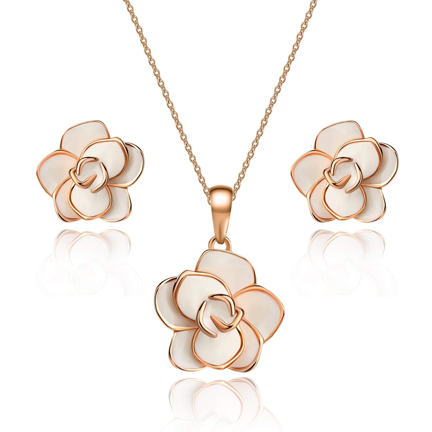 EVEVIC Rose Flower Necklace and Stud Earrings Set for Women,18K Gold Plated