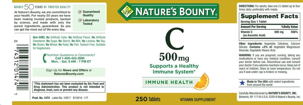 Nature's Bounty Pure Vitamin C 500 mg Tablets 250 Tablets (Pack of 9)