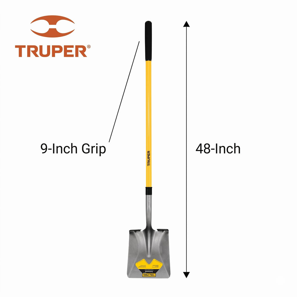 Truper Tru Pro Square-Point Shovel, 48-Inch Fiberglass Handle with 9-Inch Cushion Grip, Heavy-Duty Professional Digging & Transfer Shovel (Model PCL-F / 31199)