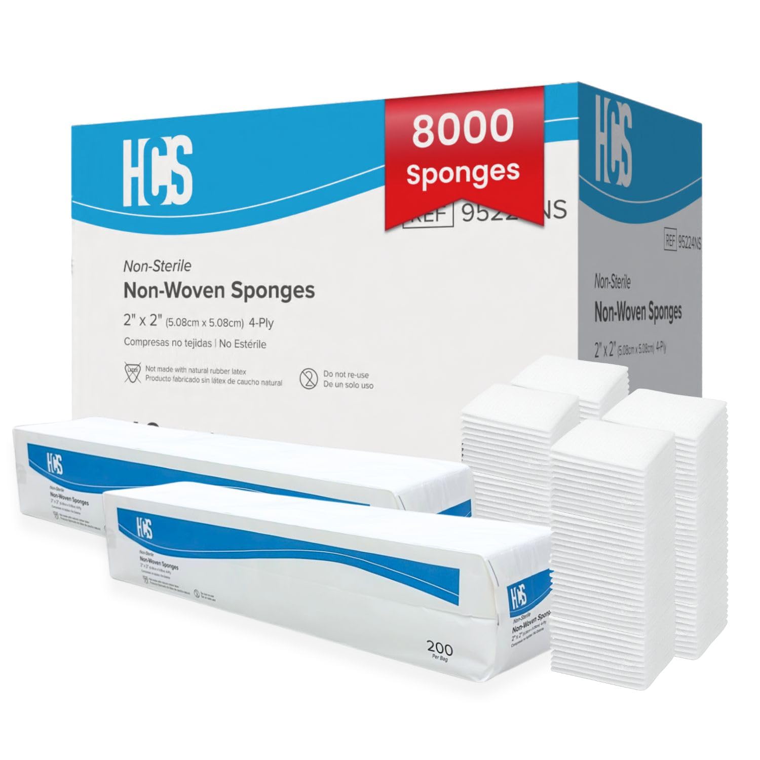 HCS Gauze Pads 2x2, Bulk - 8000ct, Non-Woven, Non-Sterile, 4-Ply - Highly Absorbent, Low-Linting Squares - Gauze Sponges, Small - Medical Supplies, Wound Care, First Aid, Surgical Use, Dental, Beauty