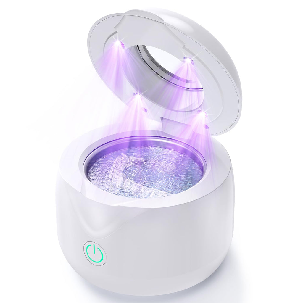 CXRUY Ultrasonic Retainer Cleaner - UV Dental Cleaning Pod Night Guard Cleaner for Dentures, Aligner, Braces, Toothbrush Heads, Jewelry (White)