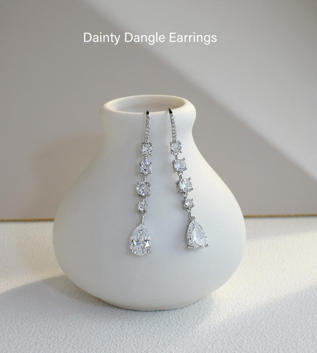 Silver Teardrop CZ Dangle Earrings Long Hook Bride Bridesmaid Wedding