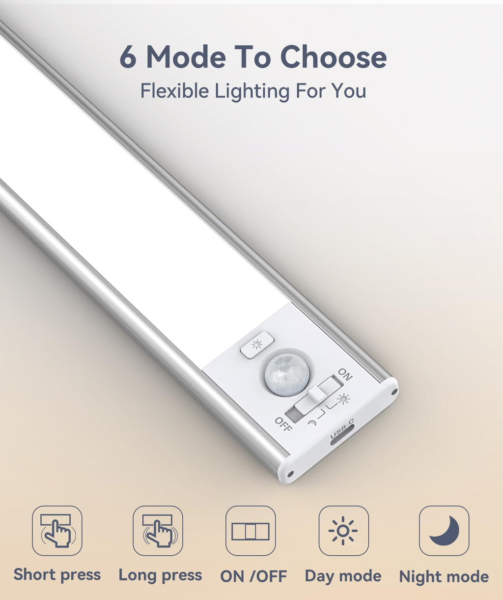 Under Cabinet Lighting, LED Motion Sensor Light Indoor, 2200mAh USB Rechargeable Closet Lights Battery Operated, Stick On Magnetic Wireless Dimmable Under Counter Lights for Kitchen(2 Pack)