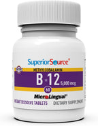 Superior Source No Shot Methylcobalamin B-12 5000 mcg - Vitamin B-12 to Support Energy Production, Brain Health & Overall Wellness - Sublingual Tablets for Fast Absorption - 60 Dissolving Tablets