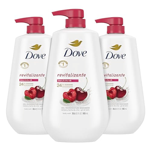 Dove Body Wash with Pump,Revitalizante Cherry & Chia Milk, 3 Count & Body Wash with Pump Refreshing Cucumber and Green Tea Refreshes Skin Cleanser