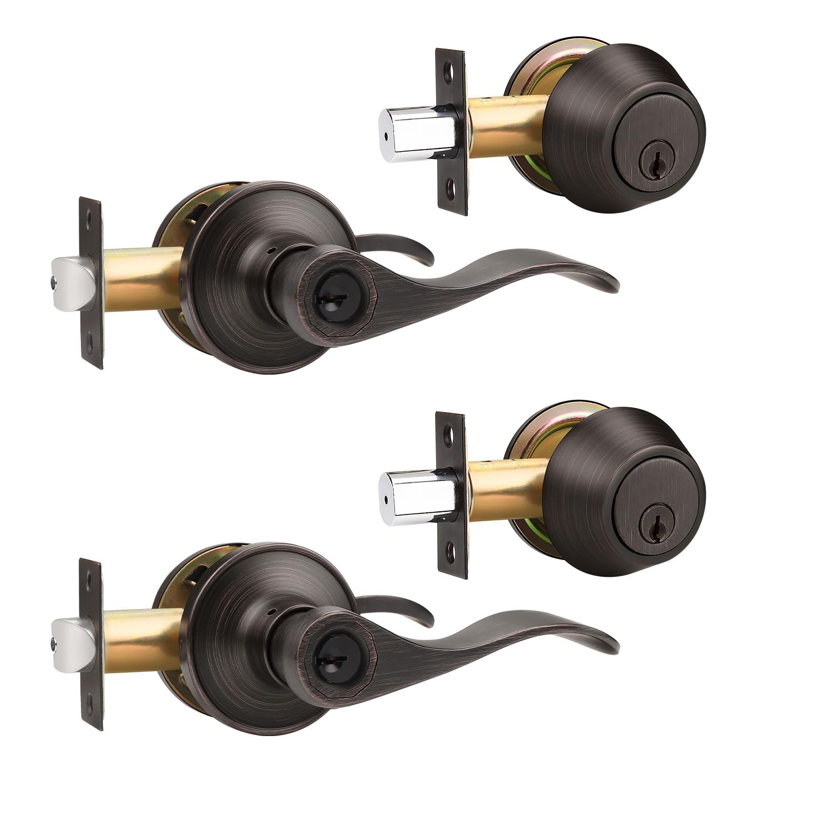 Gobrico Oil Rubbed Bronze Keyed-Alike Door Levers and Single Cylinder Deadbolts Combination Locksets, 2 Pack Front/Entry Handleset with Same Key, Reversible Wave Handles for Exterior Doors