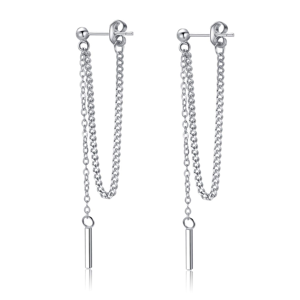 SLUYNZ Solid 925 Sterling Silver Bar Dangle Earrings for Women Minimalist Dangle Earrings Threader Chain (A-Silver)
