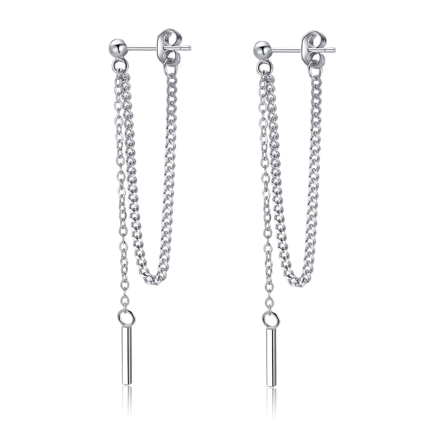 SLUYNZ Solid 925 Sterling Silver Bar Dangle Earrings for Women Minimalist Dangle Earrings Threader Chain (A-Silver)