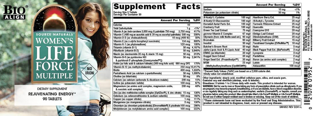 Source Naturals Women's Life Force Multiple Iron Free - Daily Complete Multivitamin 13 Essential Vitamins, Antioxidants, Herbs, Nutrients & Minerals - Enhanced Energy & Immune Boost - 90 Tablets