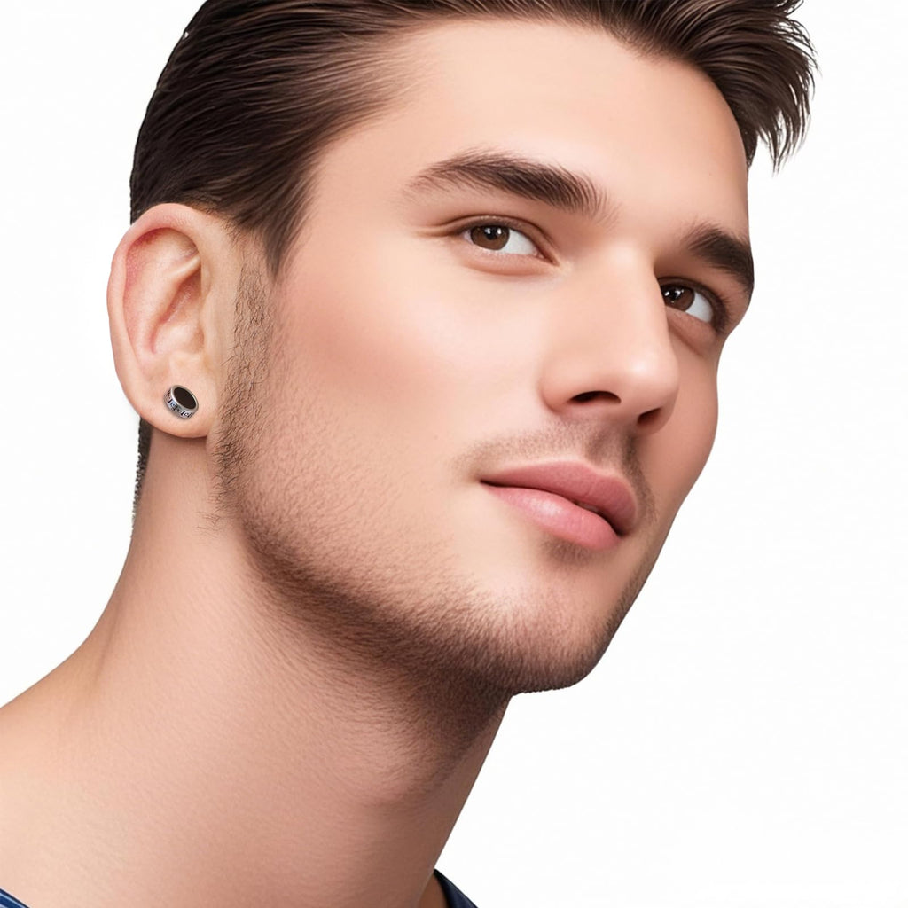 【Hypoallergenic Earrings for Men】-18G Flat Mens Surgical Steel Black Stud Earring 10mm (0.4")-【For Sensitive Skin & New Piercings】 Textured Brick Design Pair 0.28oz Men's jewelry-Para Hombre (Black)