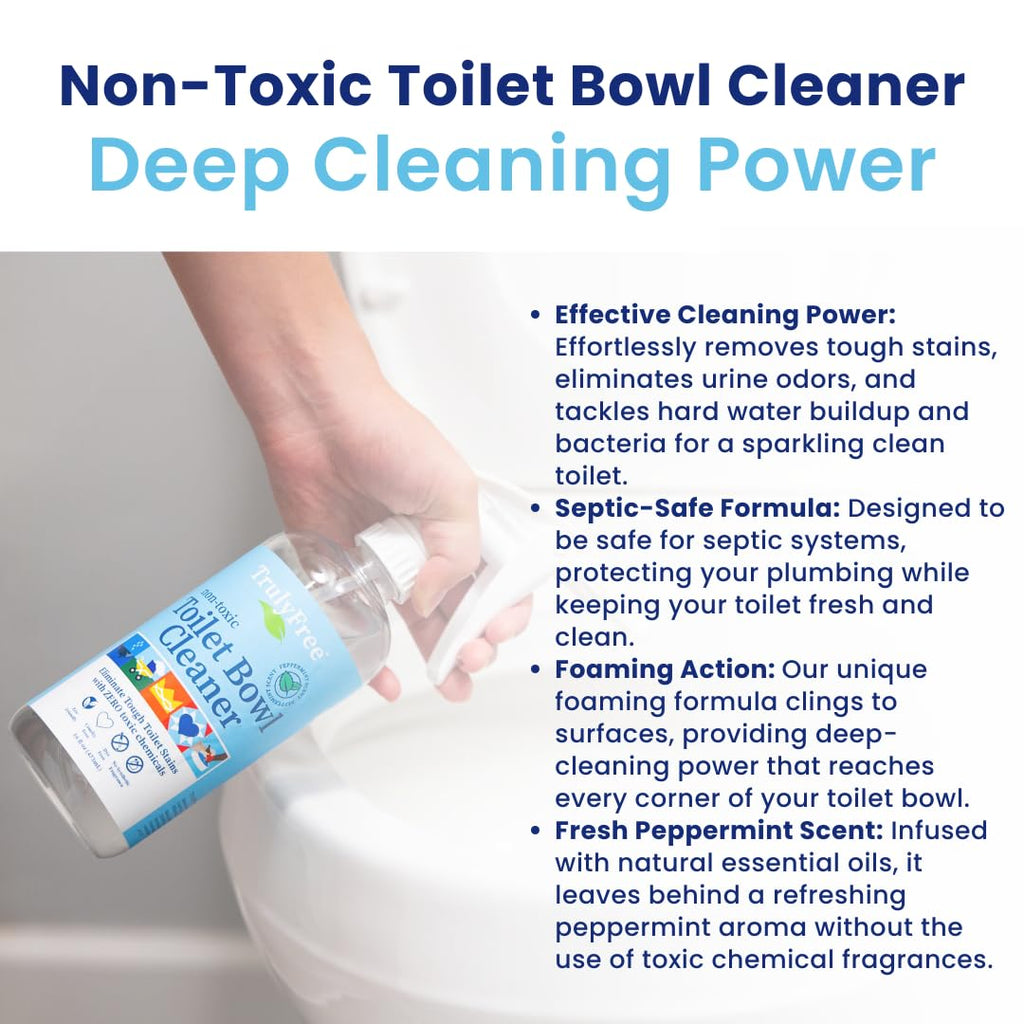 Truly Free Toilet Bowl Cleaner - Heavy-Duty Stain Remover - Septic Safe, Plant-Based Formula - Fresh Peppermint Scent - 2 Refills (3oz) with Empty Refillable Bottle