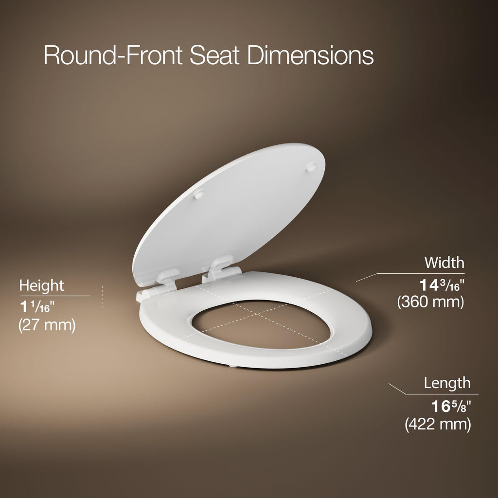 KOHLER Stonewood Quiet-Close, Round Toilet Seat Soft Close, Durable Wood, Easy Installation, Universal Fit, Home Essentials, White Finish, K-20467-0