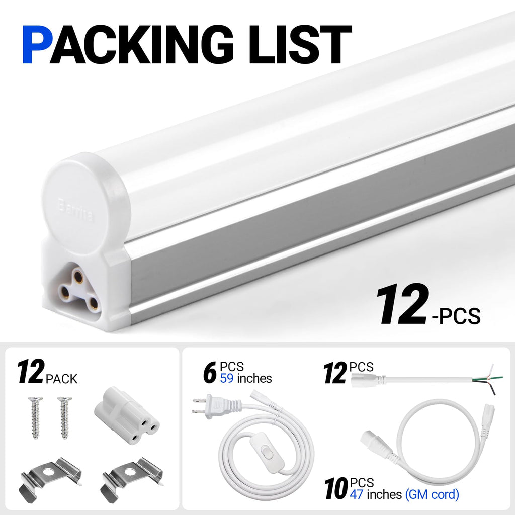 Barrina (Pack of 12 LED T5 Shop Light, 4FT, 2200lm, 6500K, 20W, Linkable