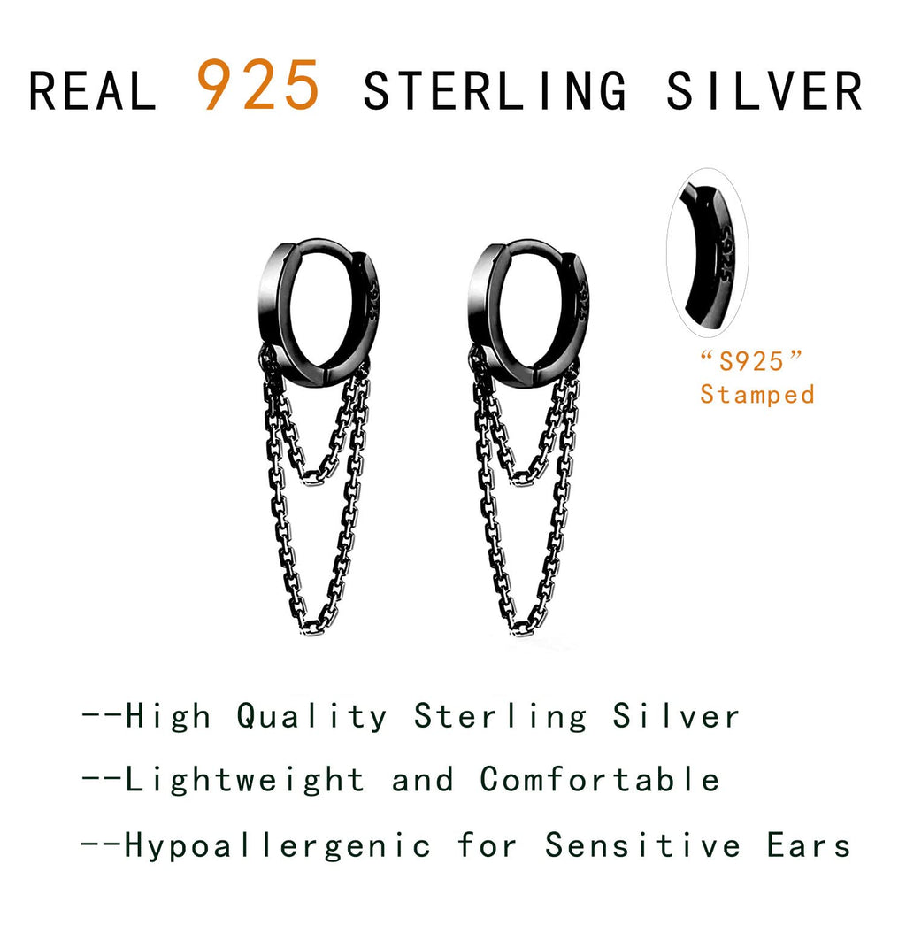 Reffeer 925 Sterling Silver Tassel Chain Drop Dangle Small Hoop Earrings Huggie for Women Teen (D-Black)