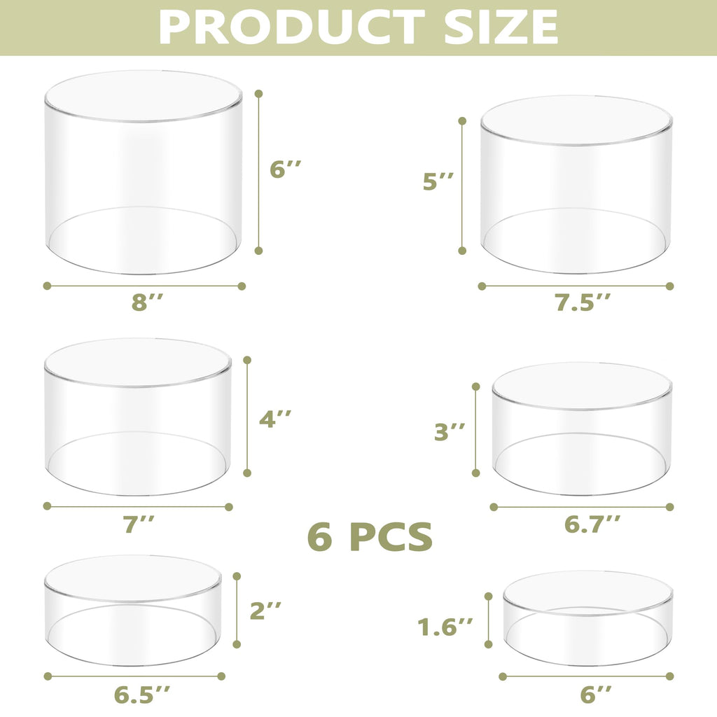 koretech 6Pcs Buffet Risers, Food Risers for Buffet, Acrylic Boxes for Display Round Riser Display Cases Acrylic Round Display Base, Clear(Size 6",6.5",6.7",7",7.5",8")