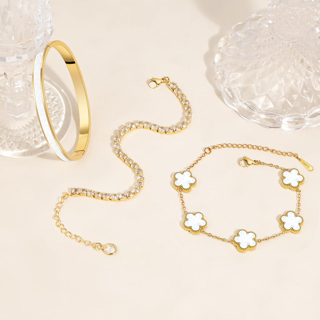 MOINSPIRE Gold Bracelets for Women, 18K Gold Plated Four Leaf Love Tennis Nail Clover Bangle Bracelets Set Non Tarnish, Stainless Steel Trendy Stackable Bracelet Fashion Jewelry Accessories Gifts