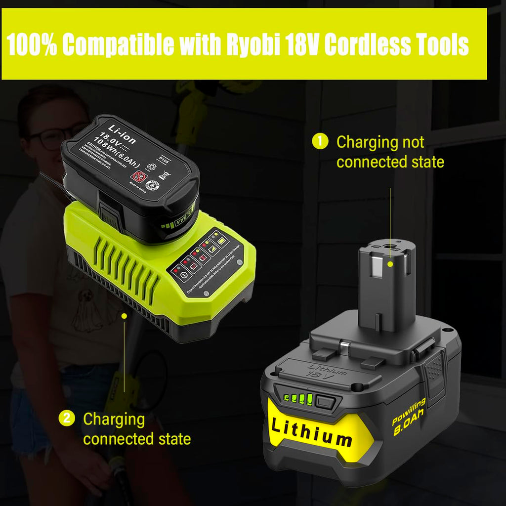 Powilling Upgraded 8.0Ah 2Packs P108 Replacement for Ryobi 18V Battery, 18 Volt Batteries for Ryobi One 18V Cordless Tools P108 P107 P105 P104 P103 P102