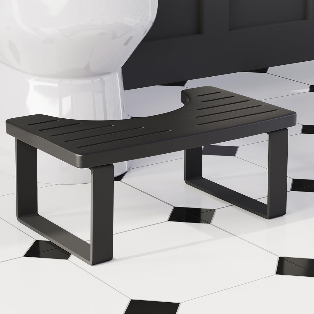 Squatting Potty for Adults, 7in Wooden Poop Stool Adult, Matte Black Bamboo Toilet Stool Squat, Wood Pooping Stool for Bathroom, Toilet Foot Step for Kids with Non-Slip Mat