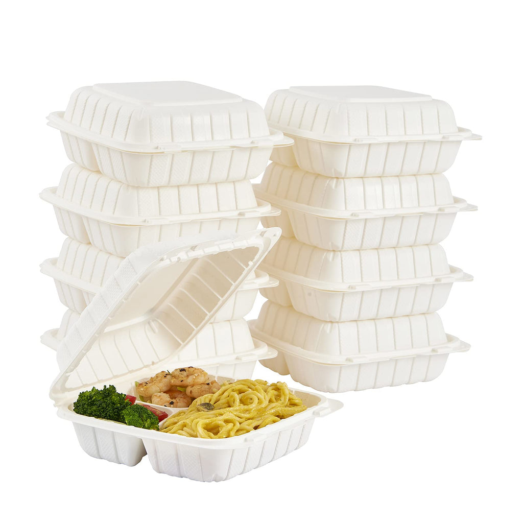Jaluxing 8X8 3Compartment 50Pack Plastic Clamshell Take Out Food Containers, Heavy Duty To-go Disposable Lunch Box Restaurant Meal Prep Packaging Catering Hinged Container (Formerly FULING)