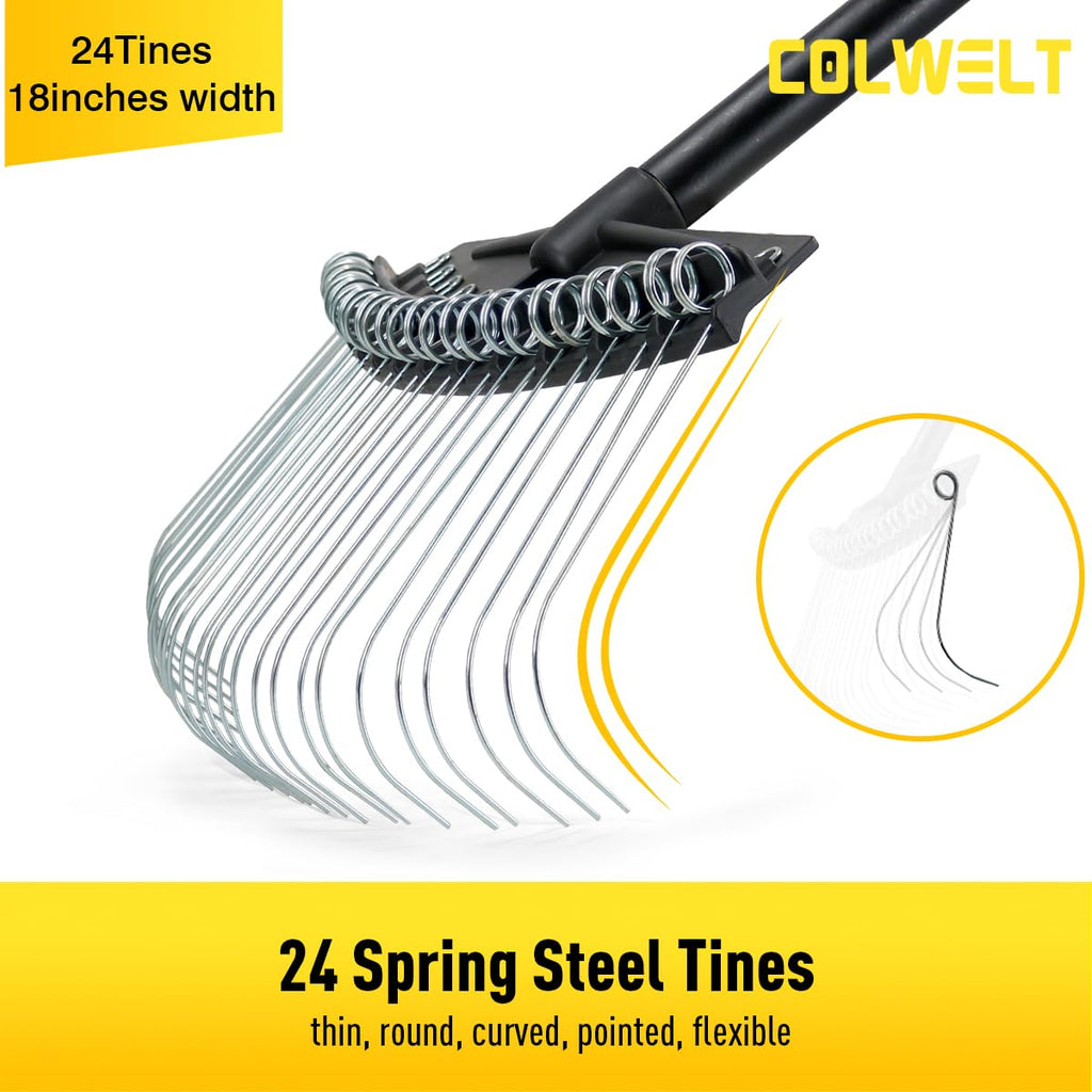 Colwelt Thatch Rake, Dethatcher Rake with Thin, Curved Spring Steel Tines, Dethatching Thatching Rake for Lawns with 61’’ Steel Handle, Lawn Tine Rakes for Pine Needles, Dead Grass, Garden Debris