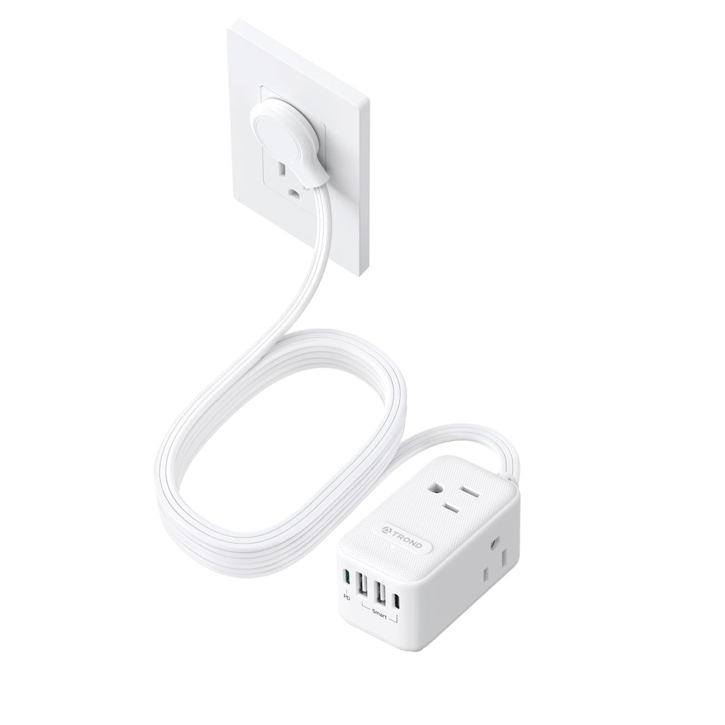 TROND 20W USB C Travel Power Strip - Ultra Thin Flat Plug, Small 10ft Long Extension Cord Wall Mount, 3 Side Outlet Extender for Nightstand, Dresser, Couch, TV, Cruise Essentials, White