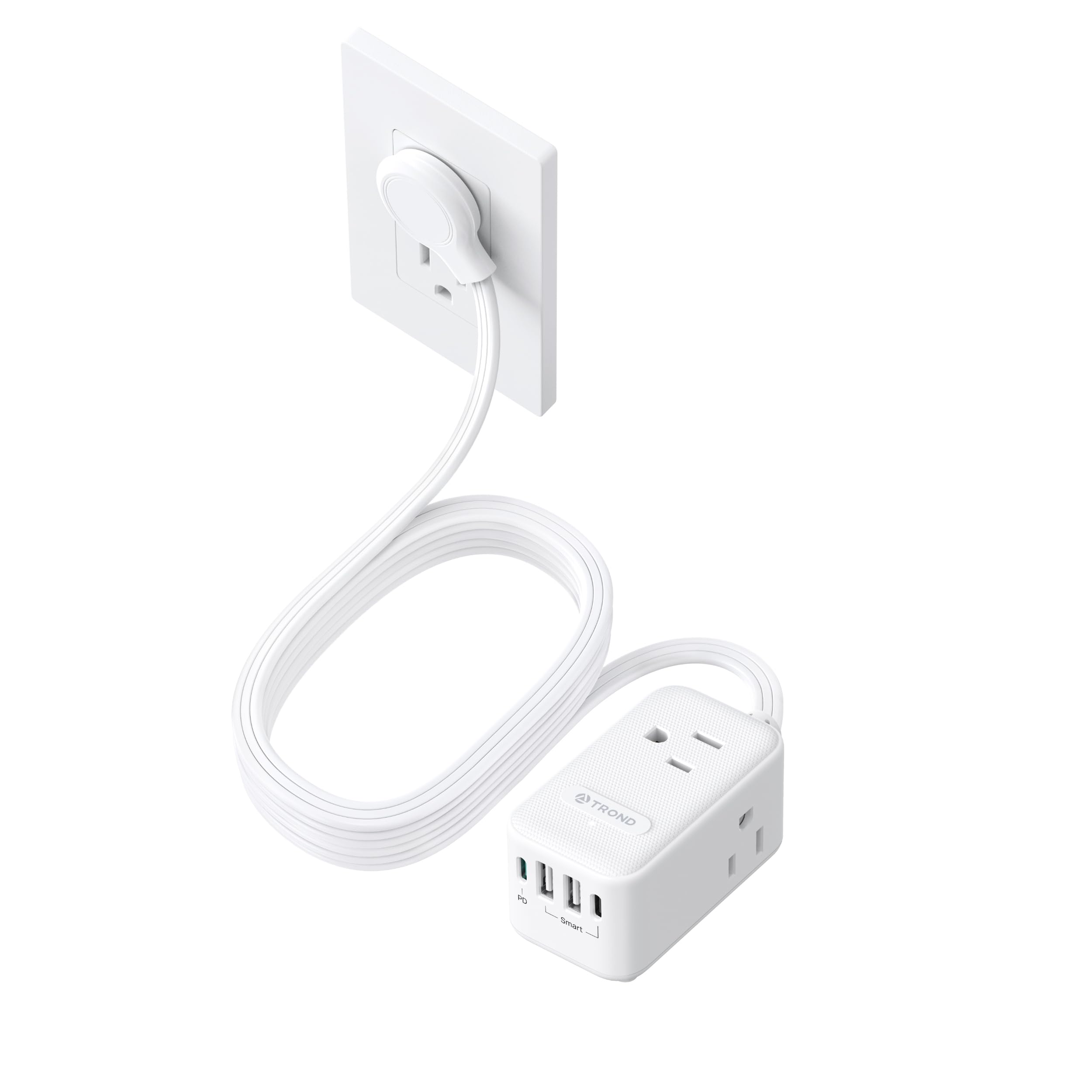 TROND 20W USB C Travel Power Strip - Ultra Thin Flat Plug, Small 10ft Long Extension Cord Wall Mount, 3 Side Outlet Extender for Nightstand, Dresser, Couch, TV, Cruise Essentials, White