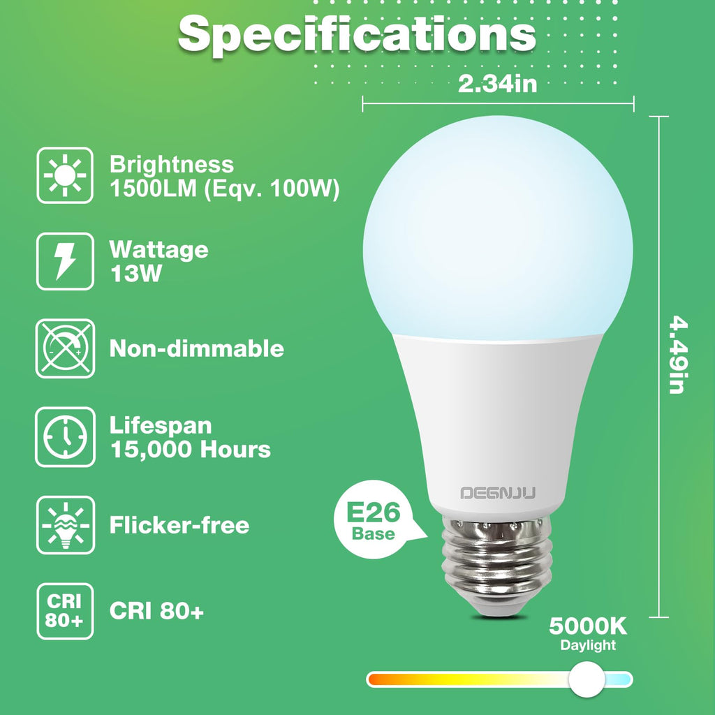 DEGNJU A19 LED Light Bulbs, 100 Watt Equivalent, 5000K Daylight Light Bulbs, E26 Standard Base, 1500 Lumen, Non-Dimmable, 13W Bright White LED Bulbs for Bedroom Home Office, 24 Pack