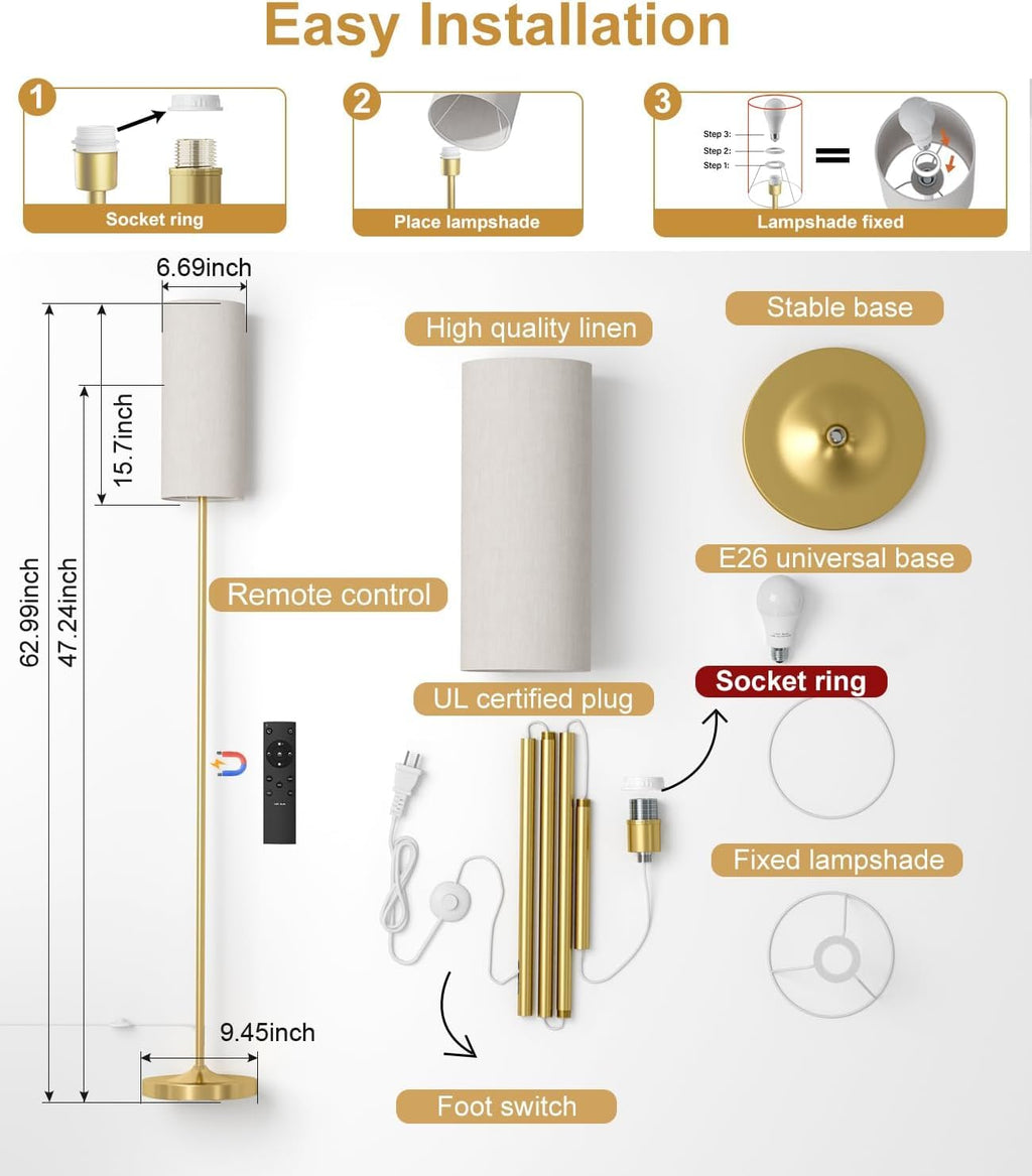 luckystyle LED Floor Lamp for Living Room, Dimmable Standing Lamps with Foot Switch,Remote Custom Color Temperature Gold Pole Lamp with Lampshade,12W Led Bulb Tall Lamps for Bedroom Office Kid Room