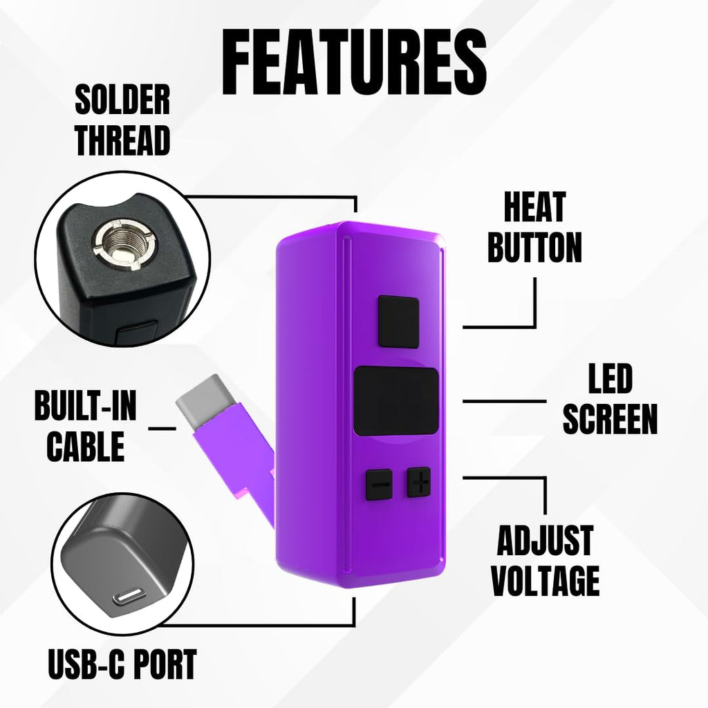 Mini Rechargeable Soldering Iron Pen, with Built-In USB C Battery Cable, Adjustable Voltage 1.5v-4.2v, LED Display, Removable Thread Burner Tip (Purple)