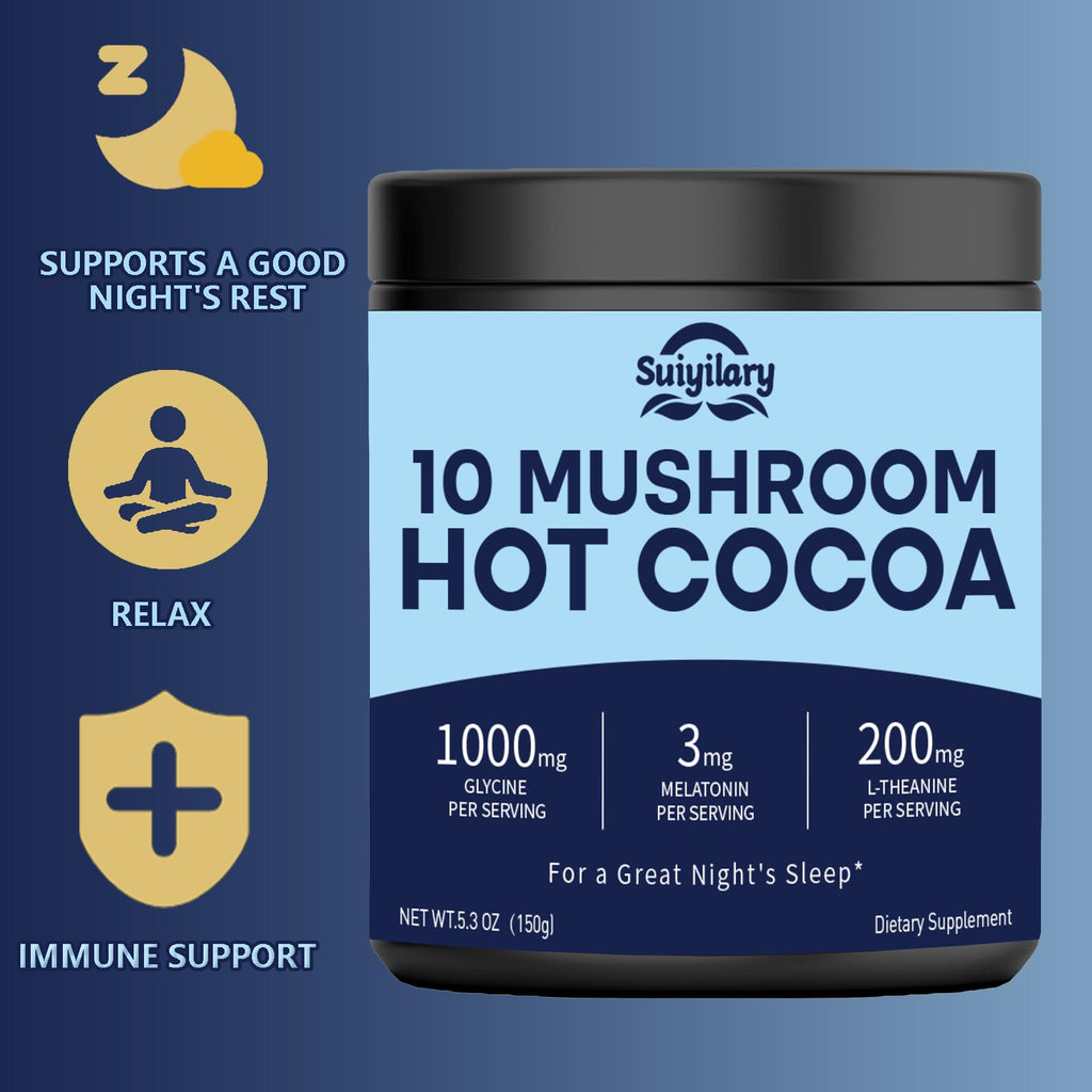 Suiyilary 10 Mushroom Hot Cocoa, 3mg Melatonin Sleep Supplement, Sugar Free Keto Cocoa Powder, Nighttime Drink, 1000mg Glycine, 200mg L-Theanine, Help Fall Asleep and Stay Asleep, 15 Servings