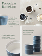 DOWAN 8 oz Porcelain Ramekins Bowls for Souffle, Creme Brulee, Classic Style Ramekins for Baking Oven Safe, Set of 6, Airy Blue