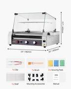VEVOR Hot Dog Roller, 30 Hot Dog 11 Rollers, Stainless Steel Sausage Grill Cooker, 1600W Commercial Hot Dog Machine with Dual Temp Control, Cover, Side Storage Box, Removable Shelf & Oil Drip Tray