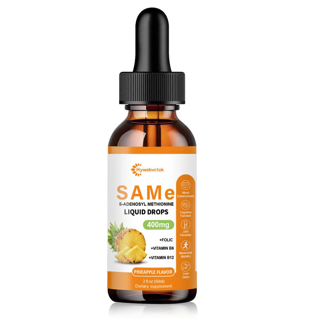 Liquid SAM E Drops, 2 Fl Oz,SAM-E(SAMe) Supplement 400MG S-Adenosyl-L-Methionine with Vitamin B6,B12,Folate,Joint Support & Liver Health，Pineapple Flavor,98% Absorption &Better Bioavailability,0 Sugar