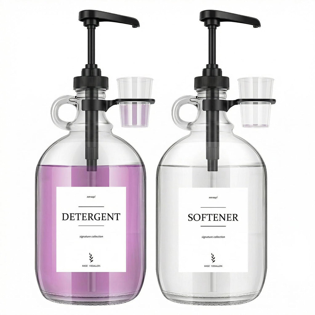 2 Pcs Glass Liquid Laundry Detergent Dispenser with Cup Holders, Half Gallon Dispenser for Laundry Room (64 oz. Each), Laundry Detergent Bottles with Pump Dispenser - (Black Pumps)