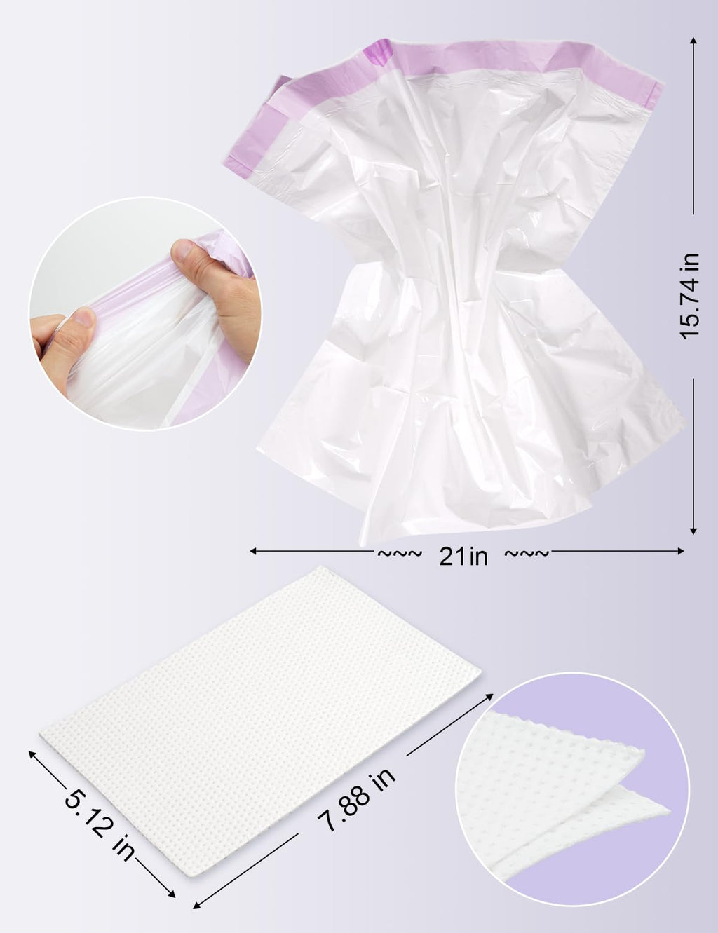 50 Count Beside Commode Liners with Absorbent Pads - Set with 50 Disposable Bags, 50 Pads and 100 Gloves, Lavender Scented, Universal Fit for Toilet Seats, Portable Toilets & Camping Use