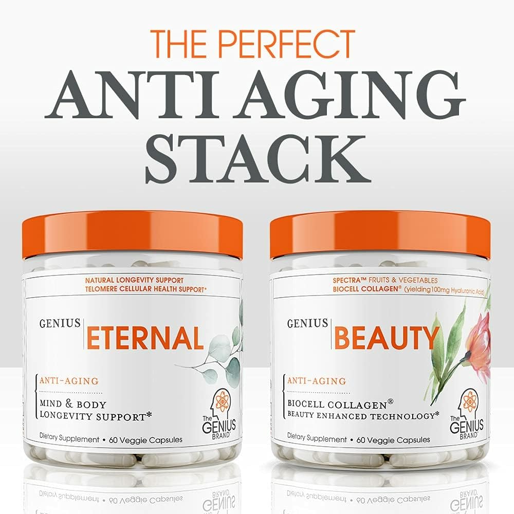 Genius Beauty, Hair Skin & Nails Vitamins, 60 Capsules - Anti-Aging Antioxidant Supplement, Hydrolyzed Collagen Pills, Glutathione & Astaxanthin - Detox Cleanse, Wrinkles, Hair Growth & Healthy Skin