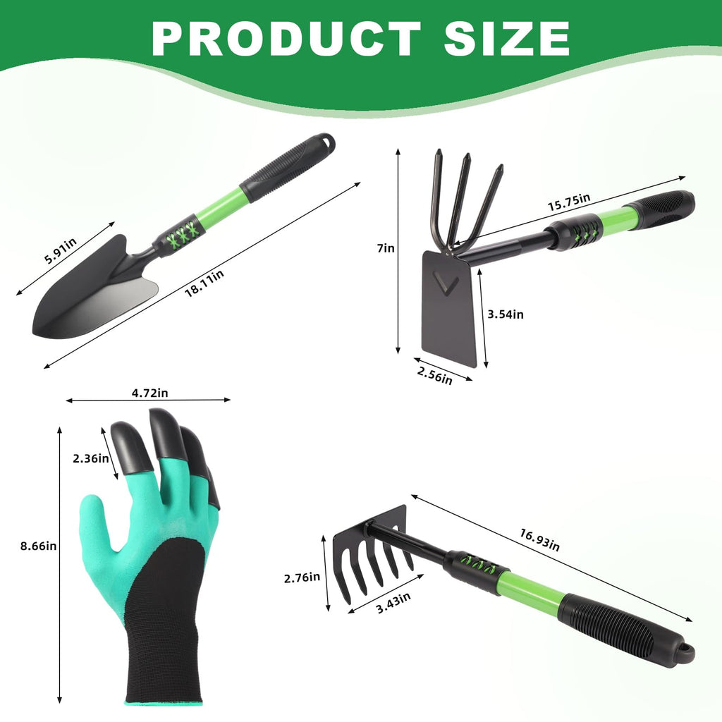 Zenrok Garden Tools Set, 4 Pack Gardening Tools, Stainless Steel Heavy Duty Hand Cultivator, Hoes, Spade Shovel, for Planting Weeding Digging, Gardening Gifts for Women, Green