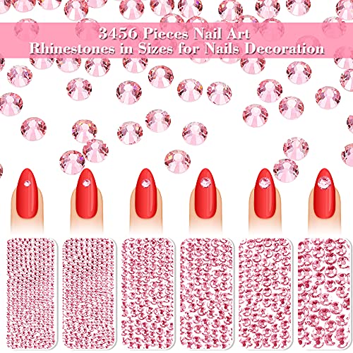 Bememo 3456 Pcs Crystals Diamond Rhinestones AB Clear Flat Back Round Gems Flatback Glass Mixed Size Crystals Gems for Crafts Clothes Shoes Makeup Bags Decor, 6 Sizes(Pink)