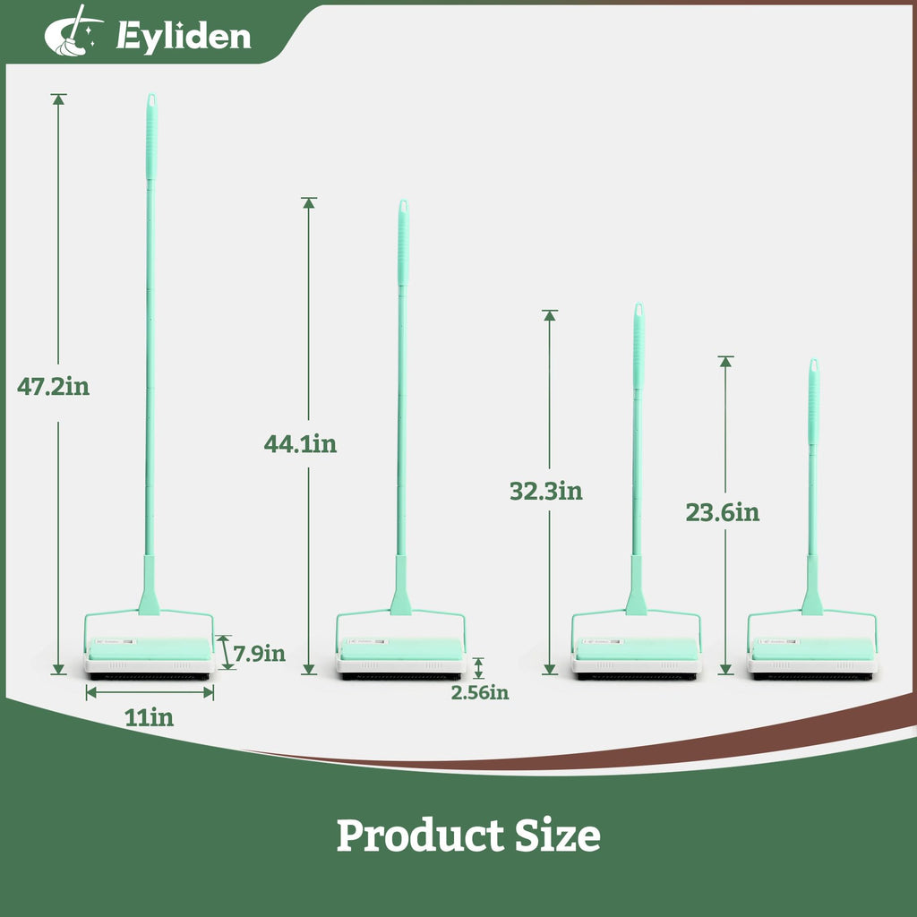 Eyliden X-Large Carpet Sweeper - Quiet Manual Sweeper for Carpets & Rugs | 1 Extra Refill Roller Brush | Non-Electric, Hand Push, Quietly Cleans Debris and Messes, Restaurant Roller Broom, Mint