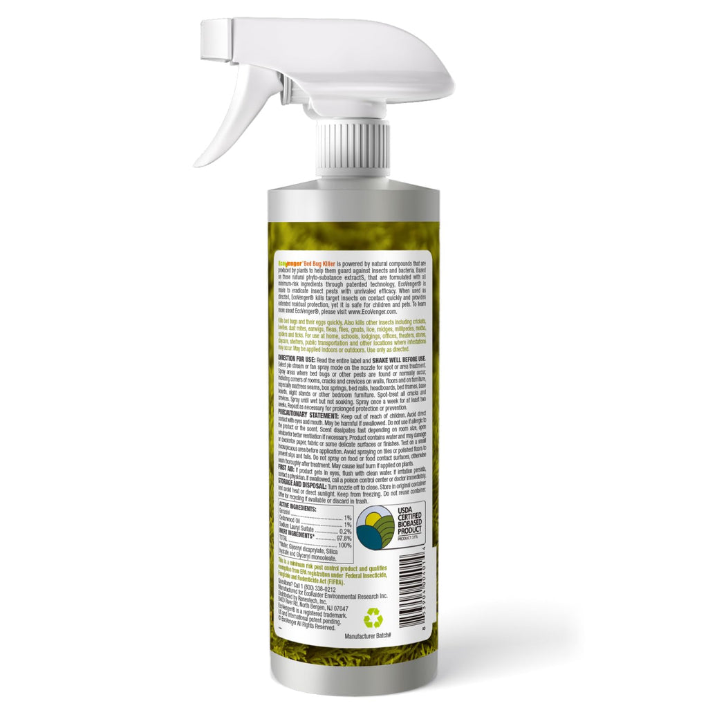 Bed Bug Killer 16 oz EcoVenger by EcoRaider, 100% Kill Efficacy, Bedbugs & Mites, Kills Eggs & The Resistant, Lasting Protection, USDA BIO-Certified, Plant Extract Based & Non-Toxic, Child & Pet Safe