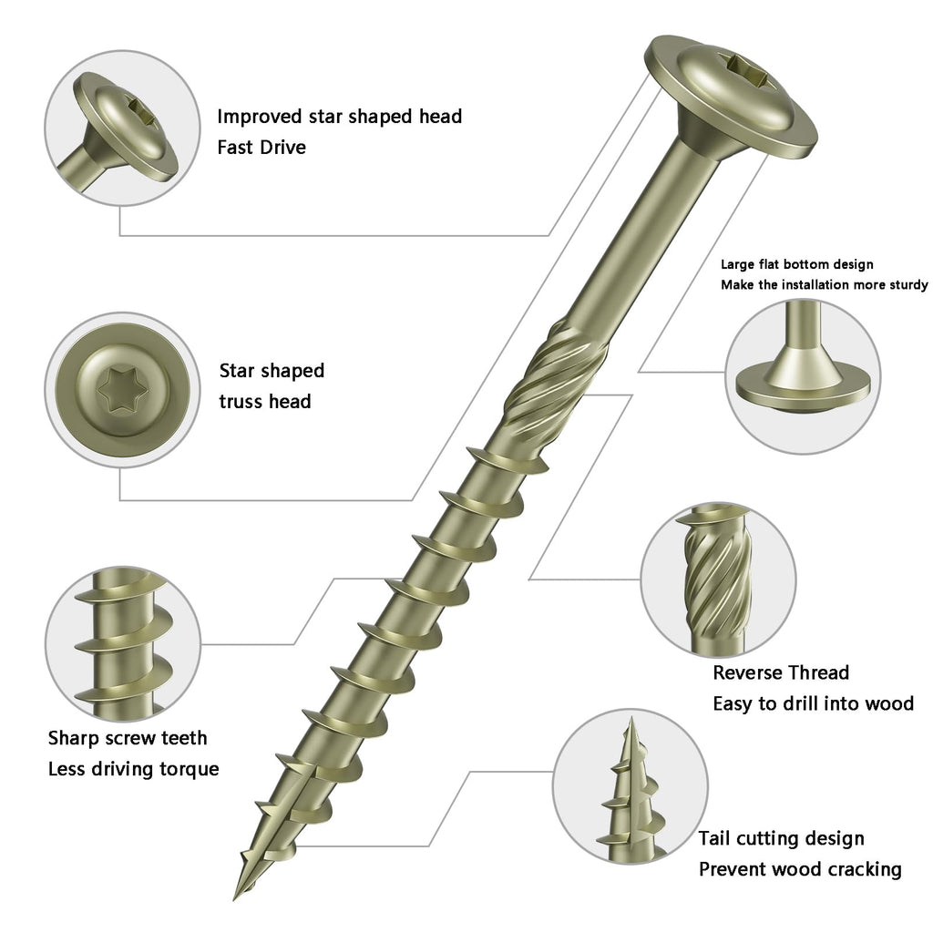 Wensilon (2 lbs)#12 x 6 Yellow Lag Screws, Structural Wood Screw, Heavy Duty Construction Screw, Rust Resistant, Washer Head, Black Coated Exterior Wood Screws, Star Drive with Bit
