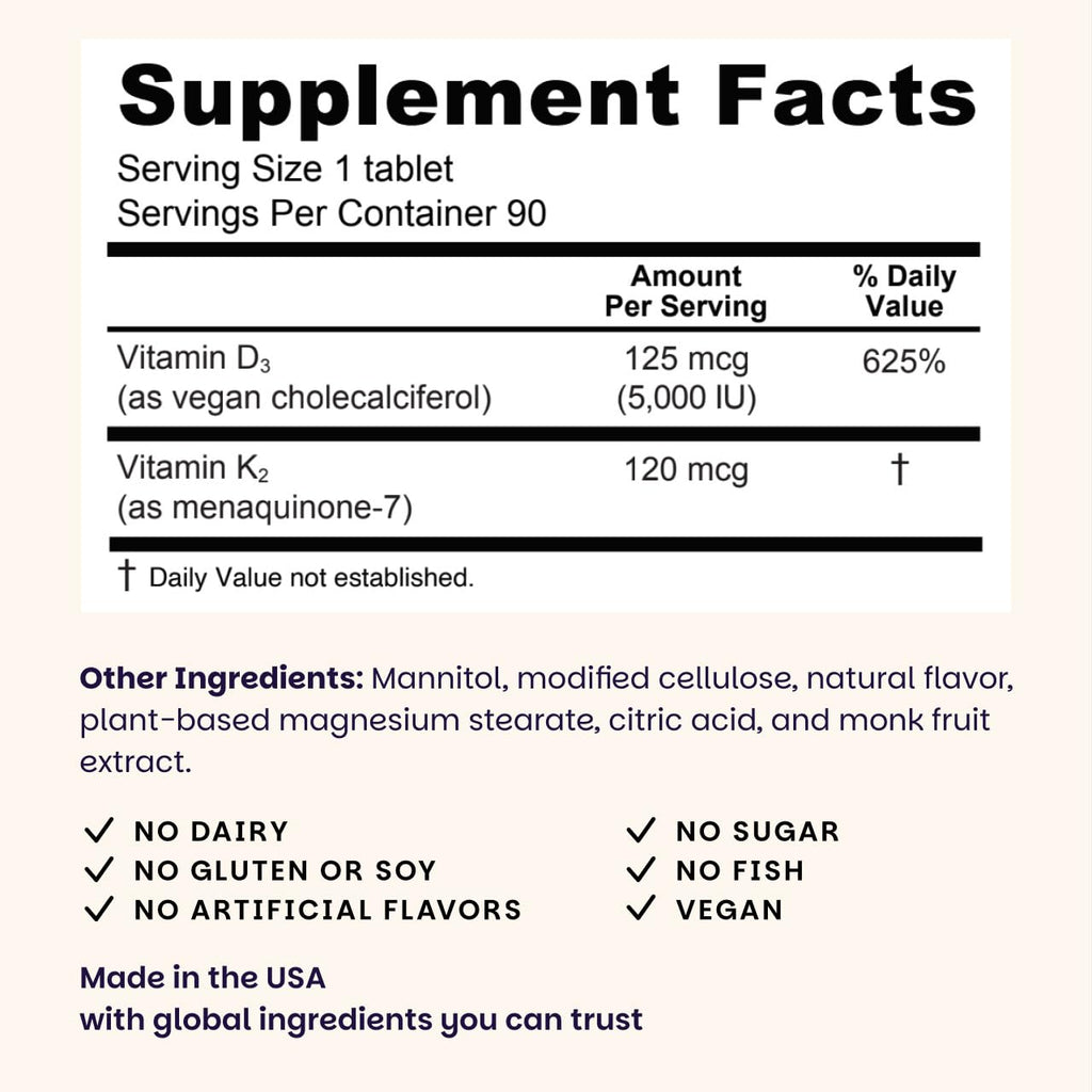EZ Melts Dissolvable Vegan Vitamin D3 + K2 5,000 IU - Bone & Heart Health Support - Immune Function Support - No Artificial Flavors - Non-GMO - Green Apple - 90 Dissolvable Tablets (90 Servings)