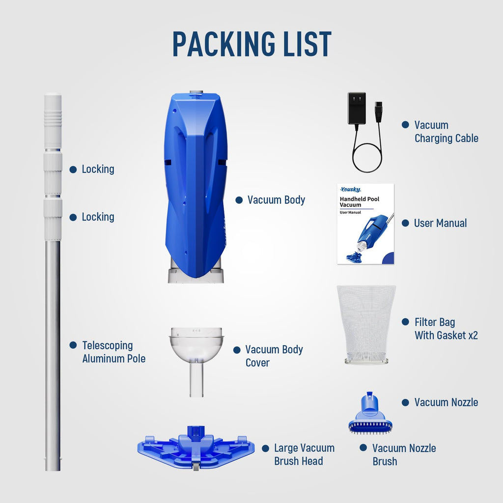 Yousky Cordless Pool Vacuum for Above Ground & Inground Pools, 18.5GPM Suction with 2 Brush Heads for Leaves, Debris, with Telescopic Pole Back-Friendly Cleaning, Hot Tub Spa Handheld Cleaner (Blue)