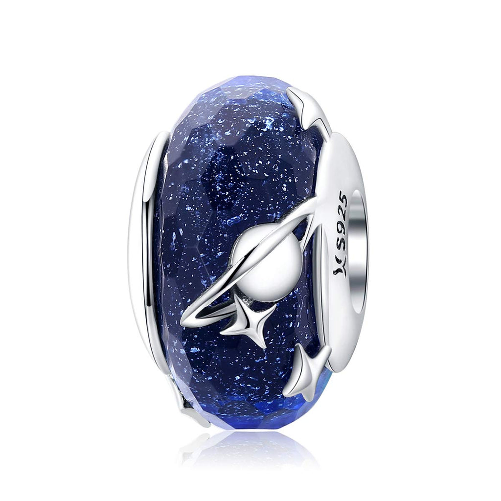 BISAER 925 Sterling Silver Murano Glass Charms Lampwork Star Beads Charm for Bracelet Blue Planet